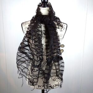 Womens Scarf EXTRA Long & Wide Black SHEER W/ Vertical Stripes FRINGE on Ends